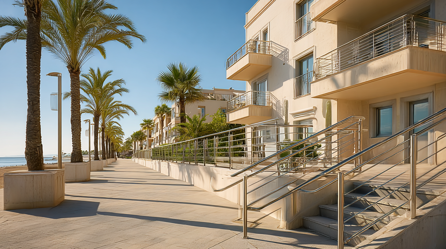 Modernes barrierefreies Wohngebäude in Spanien mit mediterraner Architektur, Palmen, warmem Sonnenlicht und lebendiger Atmosphäre – ideal zum altersgerechten Wohnen.