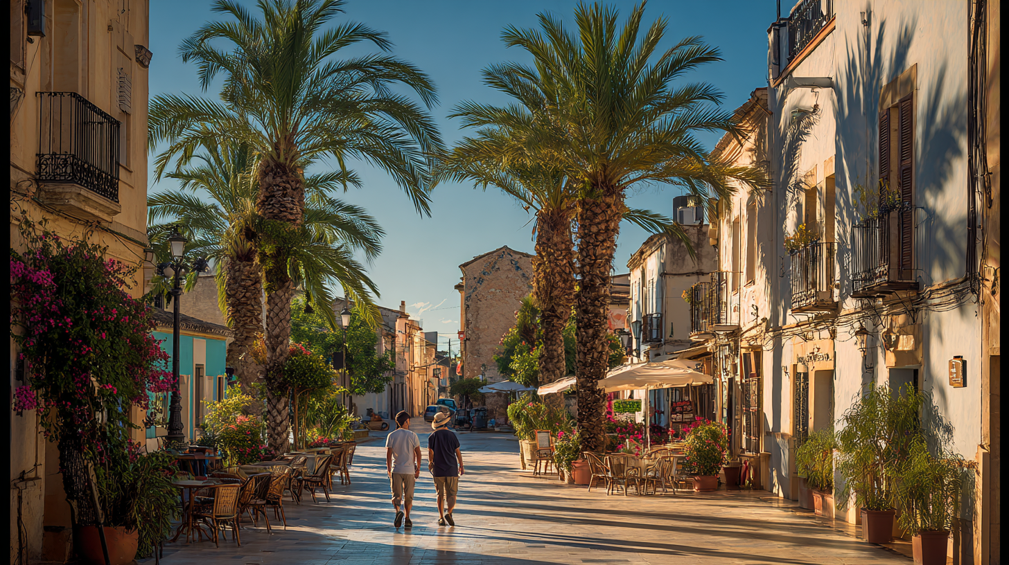 Spanische Straße am frühen Morgen mit Palmen und Cafés, lange Schatten durch den späten Sonnenaufgang.