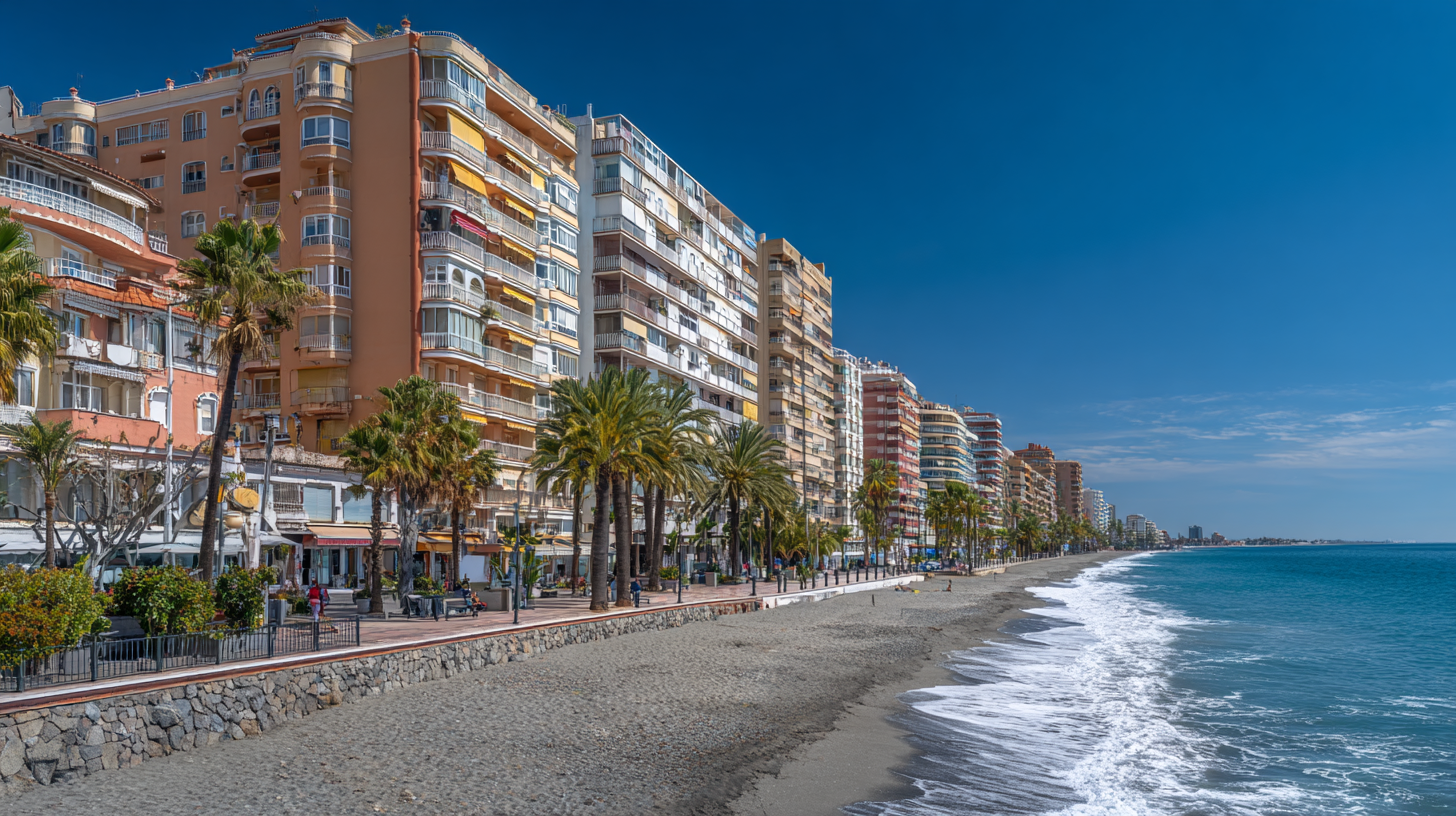 Moderne Apartmentgebäude direkt am Strand an der Costa del Sol mit Palmen und Meer im Vordergrund.
