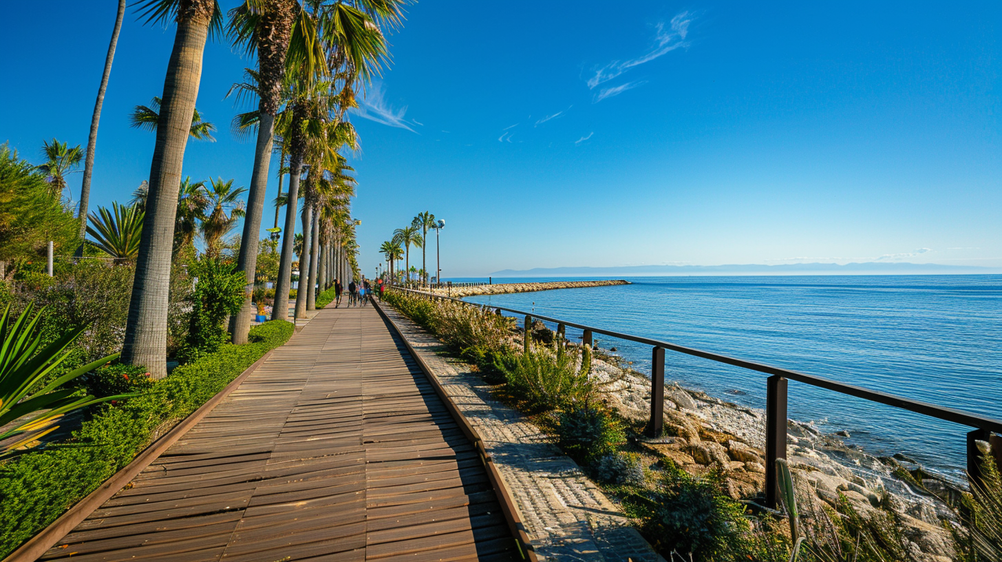 Küstenwanderweg an der Costa del Sol mit Holzsteg, Palmen und Meerblick bei klarem Himmel
