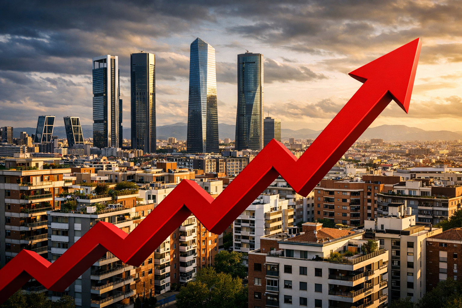 Skyline einer spanischen Großstadt mit Wohnhäusern und steigenden Immobilienpreisen im Jahr 2025