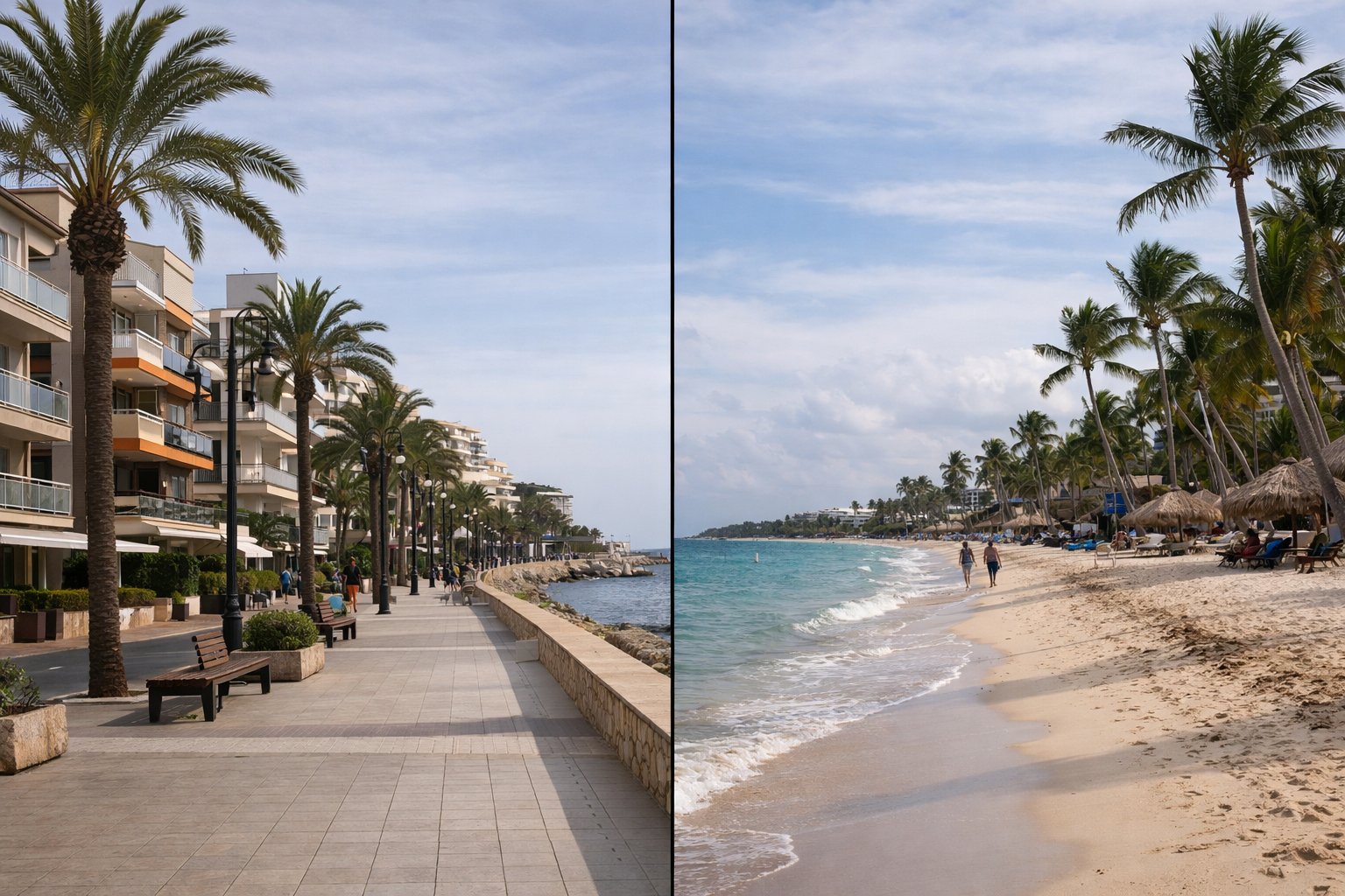 Spanische Strandpromenade im Vergleich zu einem Strand in Punta Cana in der Dominikanischen Republik