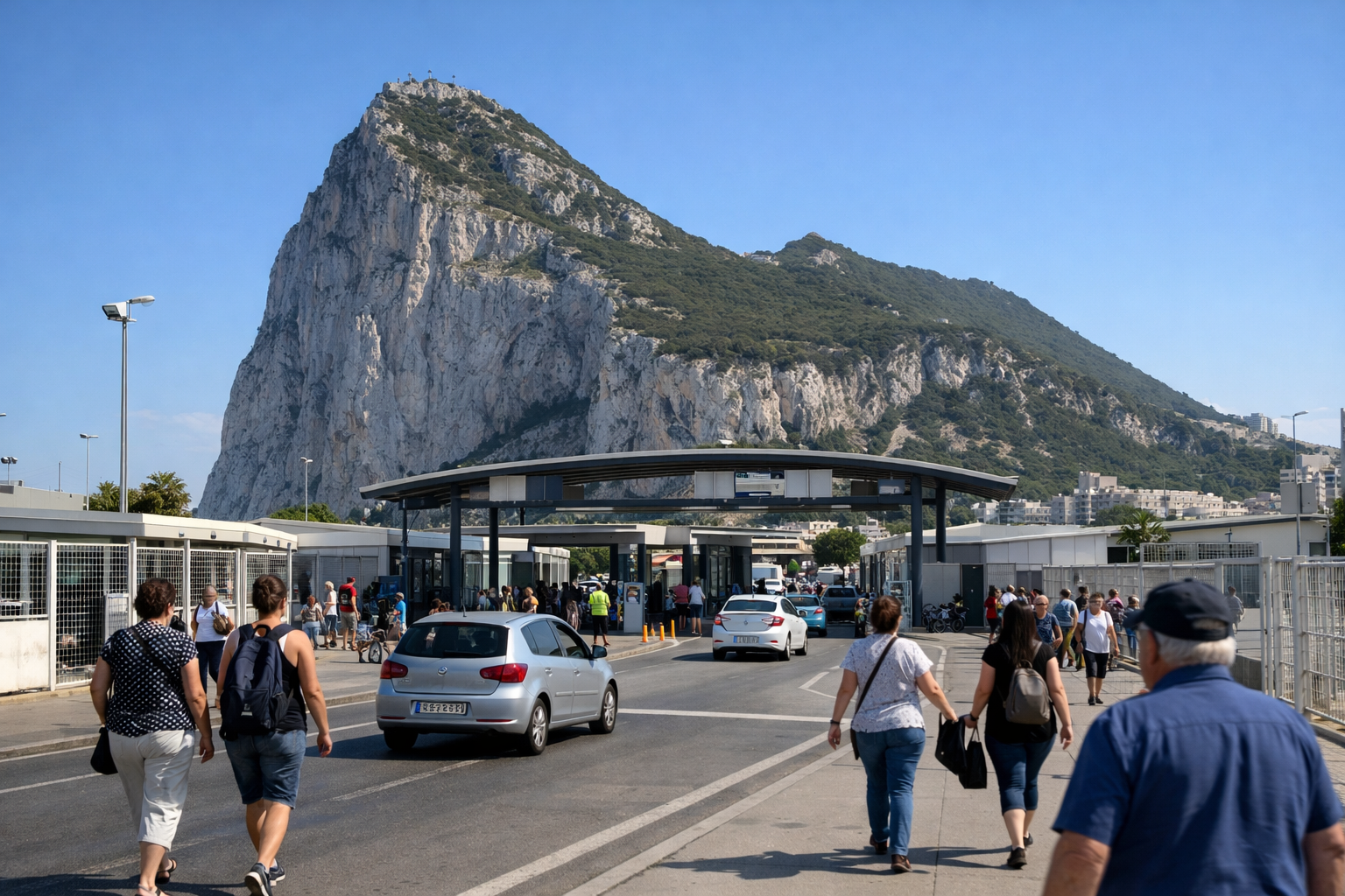 Menschen und Autos am Grenzübergang zwischen Spanien und Gibraltar mit dem Felsen von Gibraltar im Hintergrund.