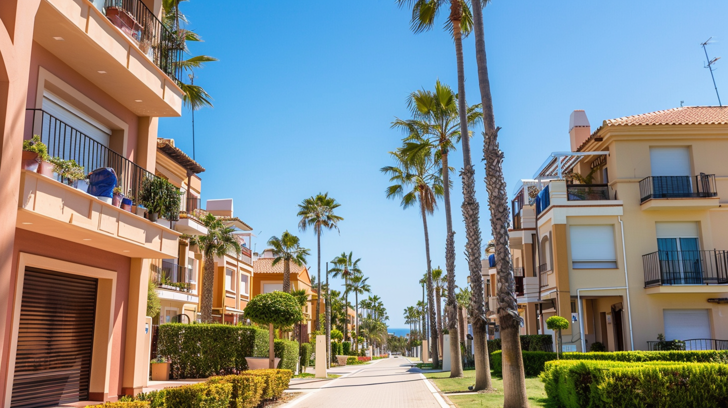 Wohnhäuser in einer spanischen Küstenstadt, in denen reguläres Wohnen und Ferienvermietung aufeinandertreffen.