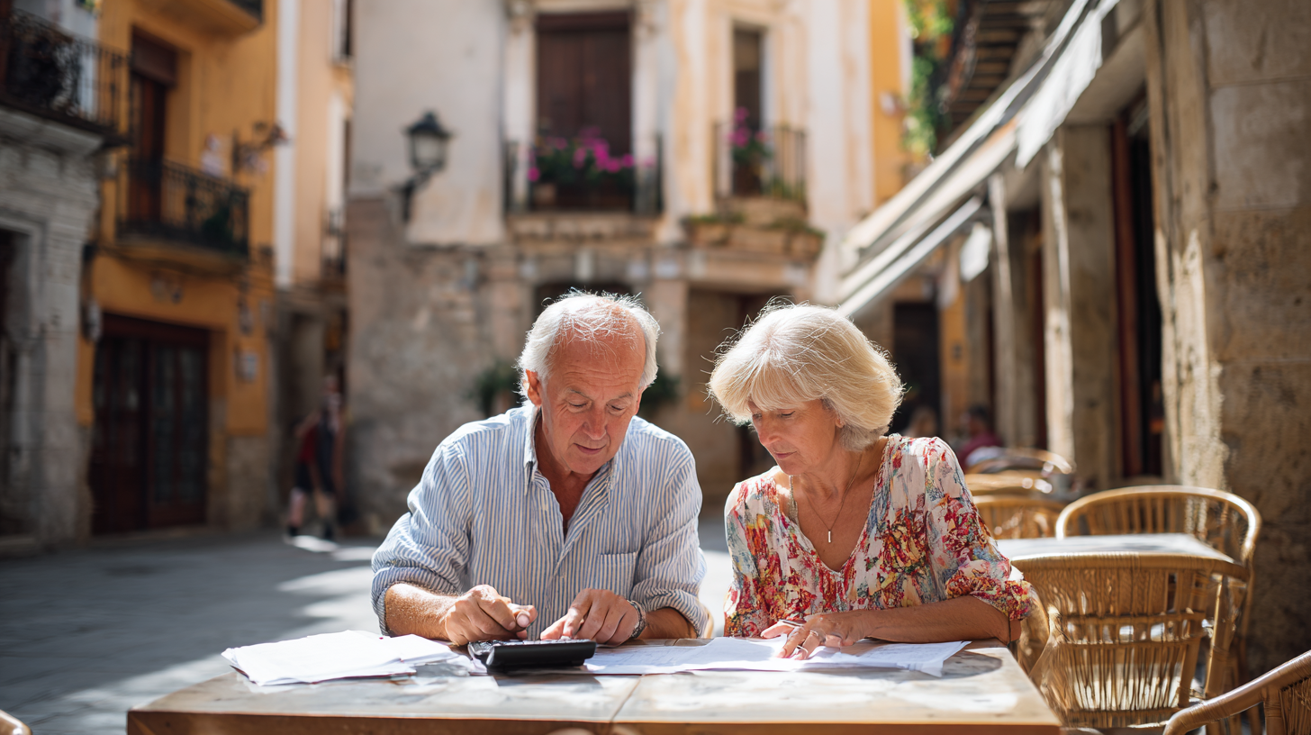 Älteres Paar in einer spanischen Altstadt prüft Rentenunterlagen und berechnet Lebenshaltungskosten im Café.