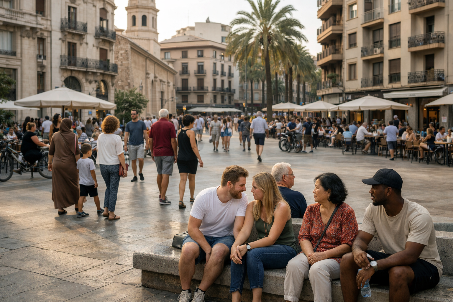 Menschen sitzen und spazieren auf einem belebten Stadtplatz in Spanien, mediterrane Architektur im Hintergrund.