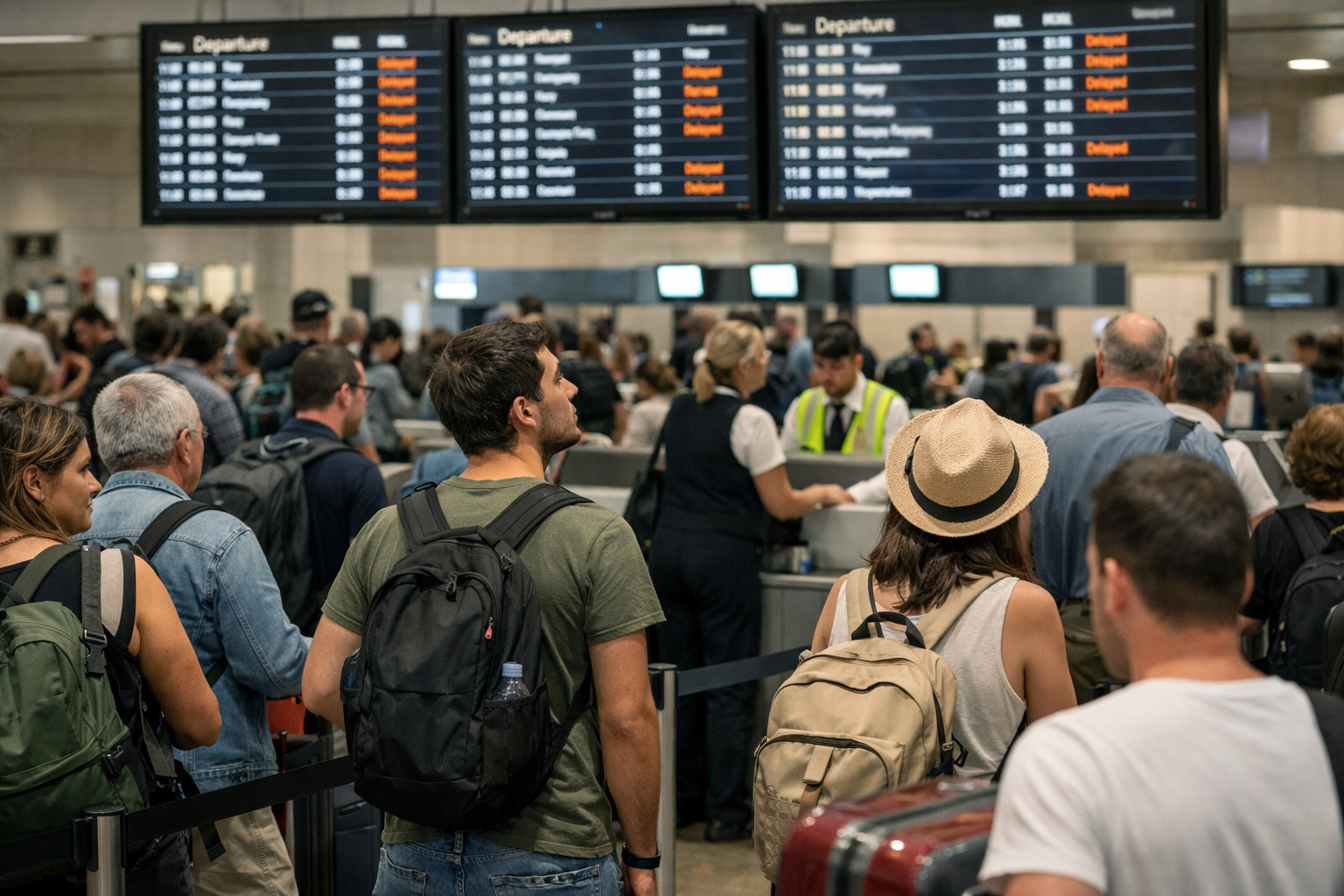 Passagiere warten am Flughafen in Spanien vor Abflugtafeln mit Verspätungen