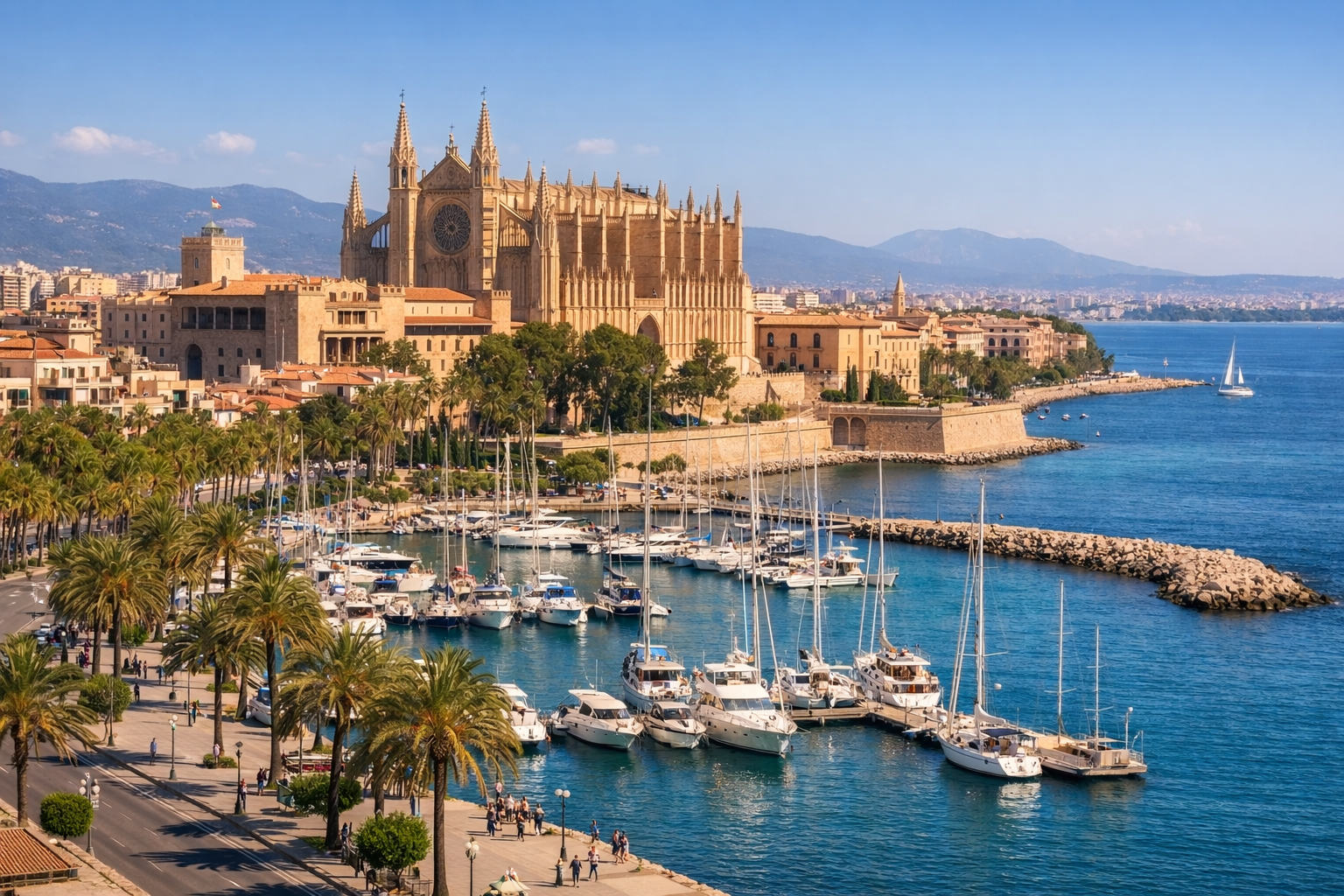 Stadtansicht von Palma de Mallorca mit der Kathedrale La Seu und dem Hafen an der Mittelmeerküste.
