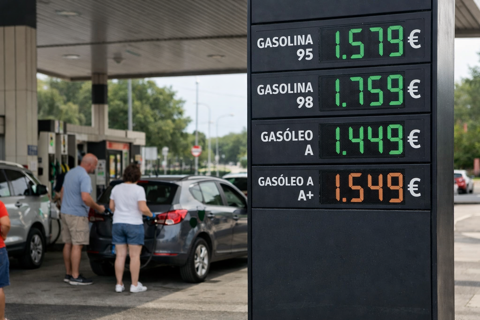 Tankstelle in Spanien mit Benzin- und Dieselpreisen in Euro auf digitaler Anzeige