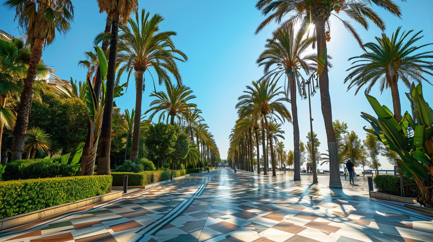 Promenade in Alicante mit Palmen und blauem Himmel an der Costa Blanca in Spanien