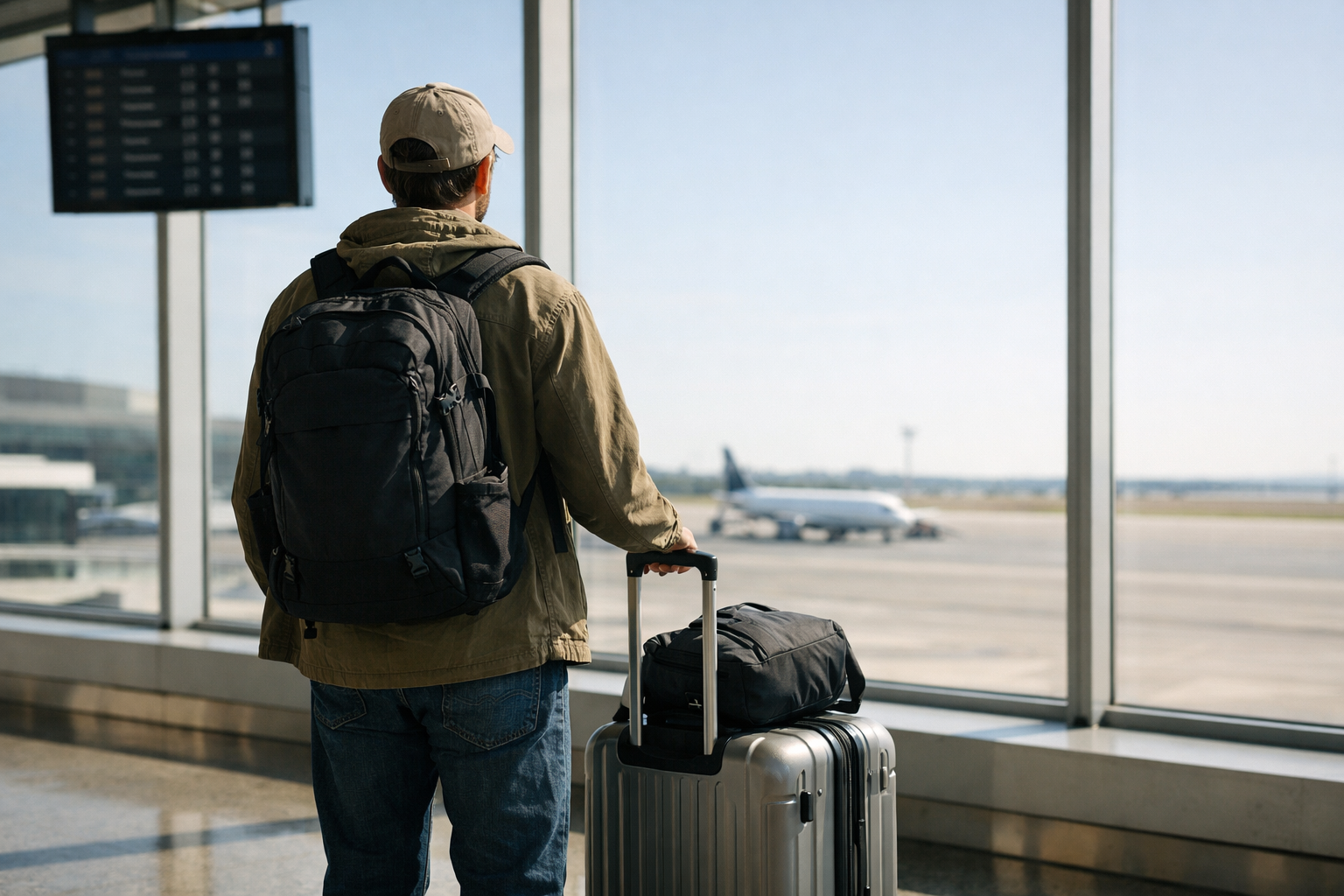 Person am Flughafen mit Dokumenten zur Ausreise und Auswanderung nach Spanien