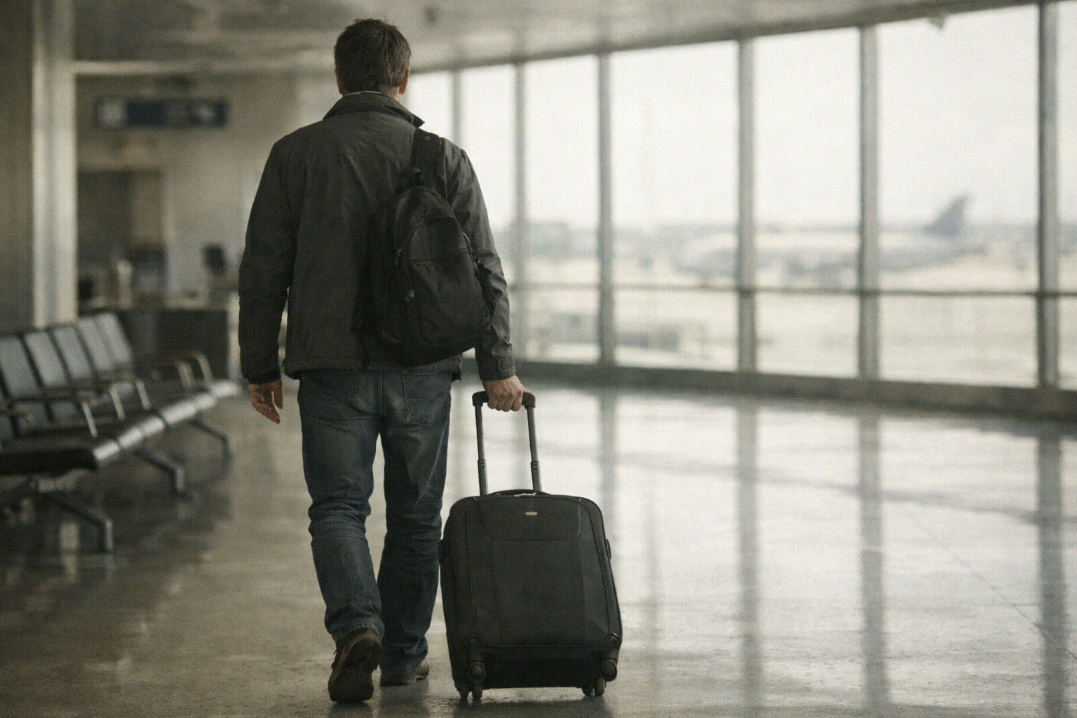 Mann mit Koffer am Flughafen auf dem Weg ins Ausland