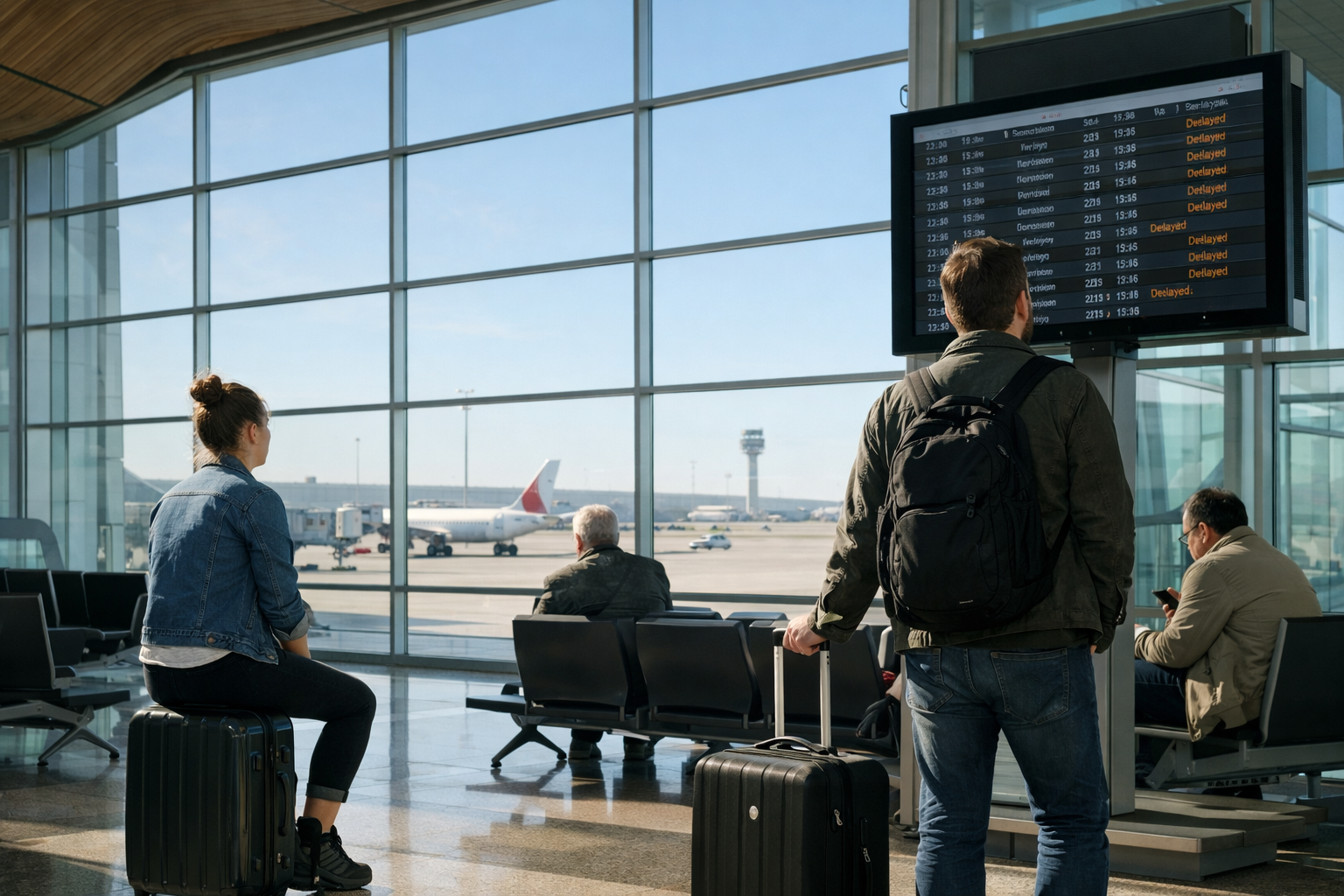 Reisende warten am Flughafen in Spanien und schauen auf Anzeigetafel mit Verspätungen