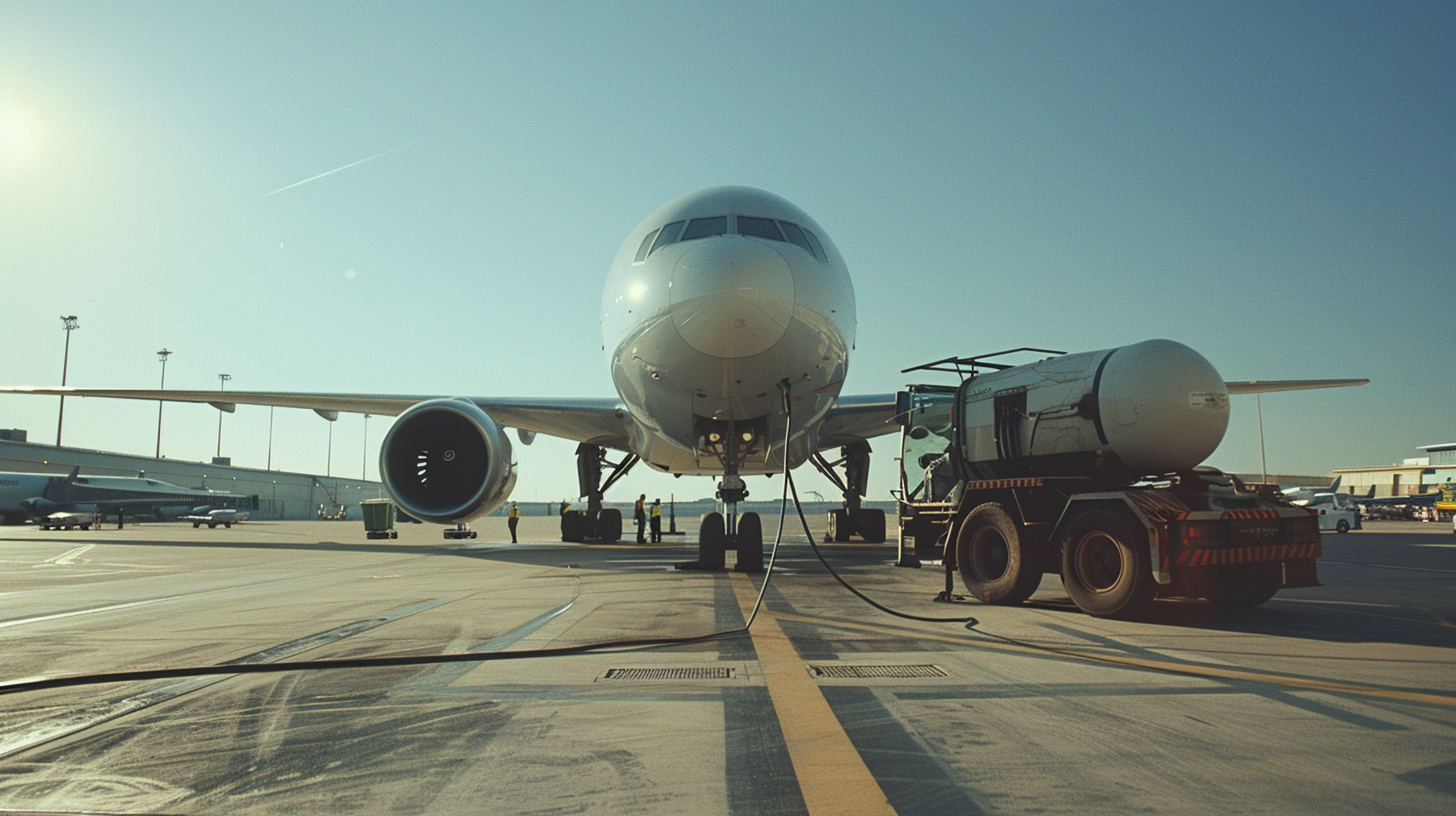 Flugzeug wird am Flughafen in Spanien mit Kerosin betankt vor dem Sommerreiseverkehr