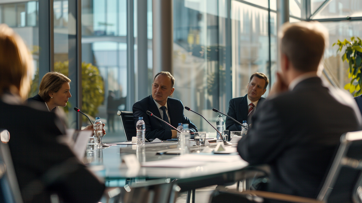 Internationale politische Sitzung in Europa mit Vertretern bei einer Konferenz zu geopolitischen Themen