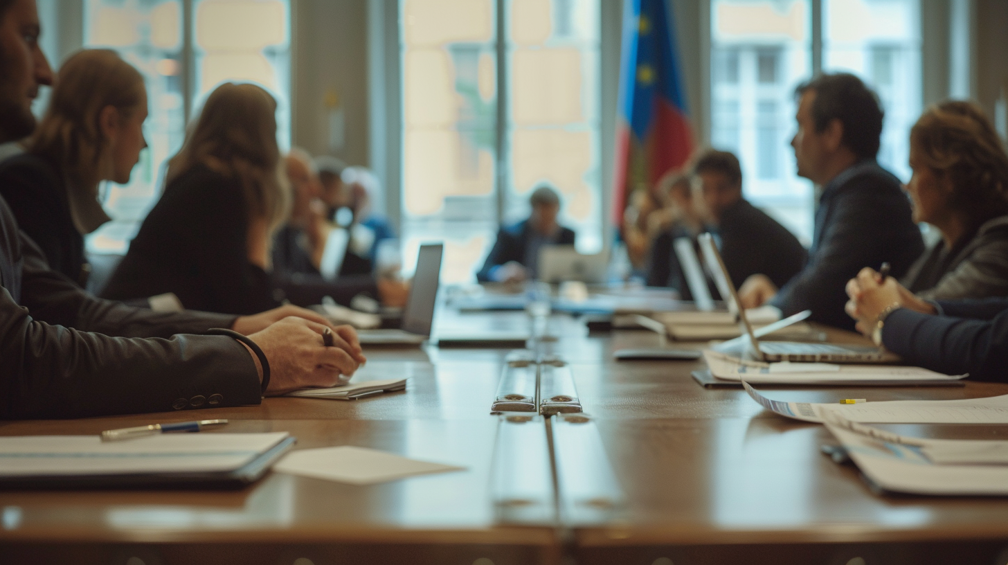 Internationale politische Sitzung in Europa mit Vertretern bei Gesprächen über NATO und geopolitische Spannungen