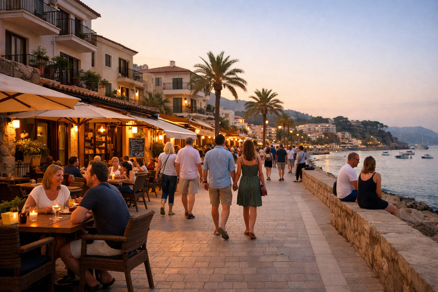 Belebte Promenade auf Mallorca am Abend mit Restaurants, Touristen und Meerblick