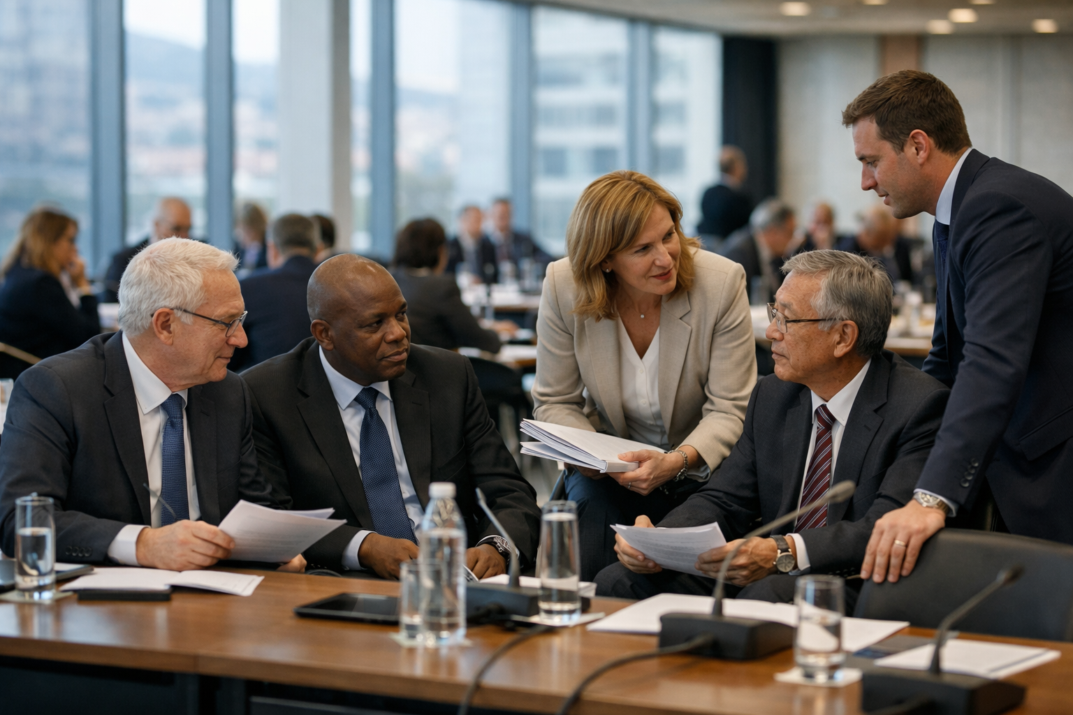 Internationale Politiker bei einer Konferenz in Barcelona diskutieren globale Zusammenarbeit