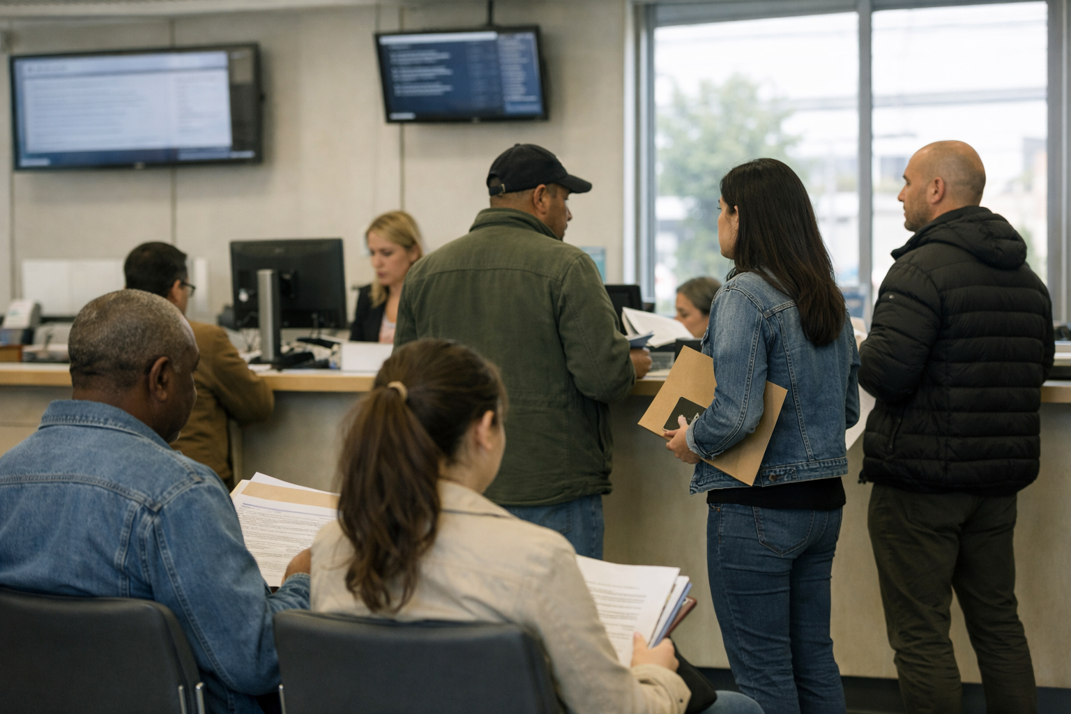 Menschen warten in einer spanischen Behörde mit Dokumenten auf die Bearbeitung ihres Aufenthaltsstatus