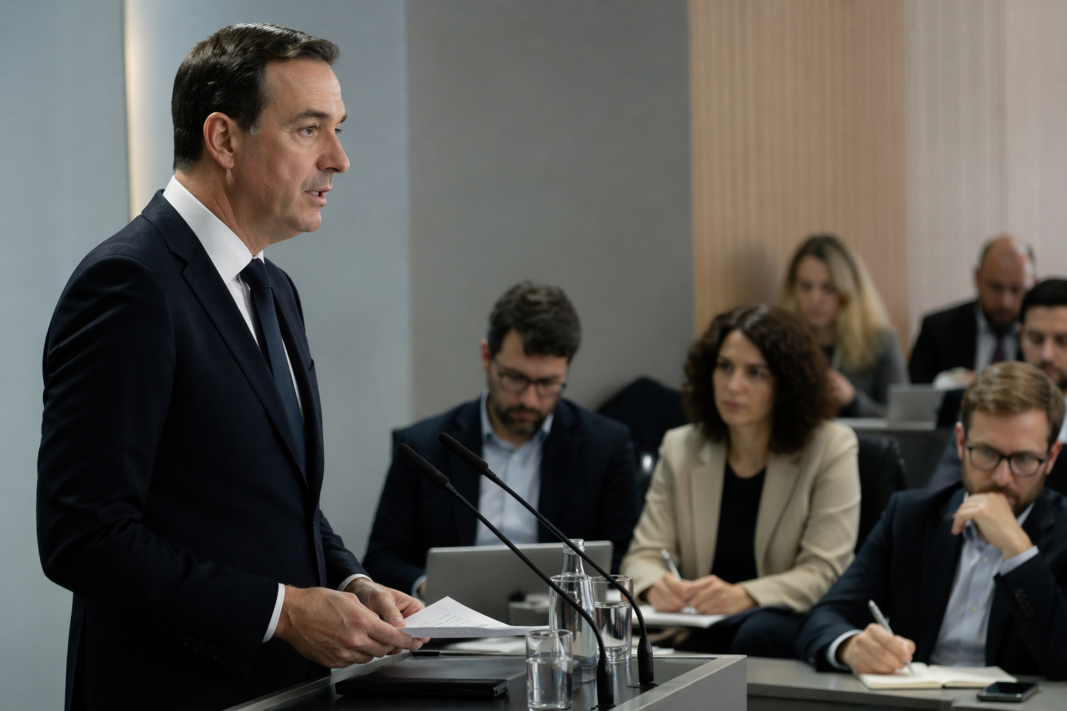 Politiker spricht bei einer Pressekonferenz über die wirtschaftliche Situation Spaniens vor Journalisten