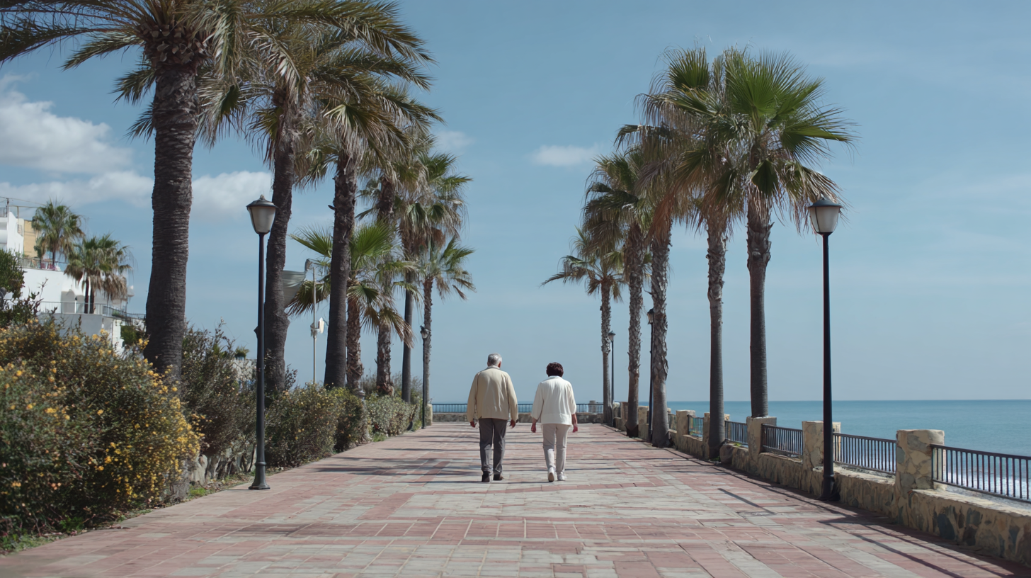 Menschen spazieren im Frühling auf einer Promenade in Südspanien