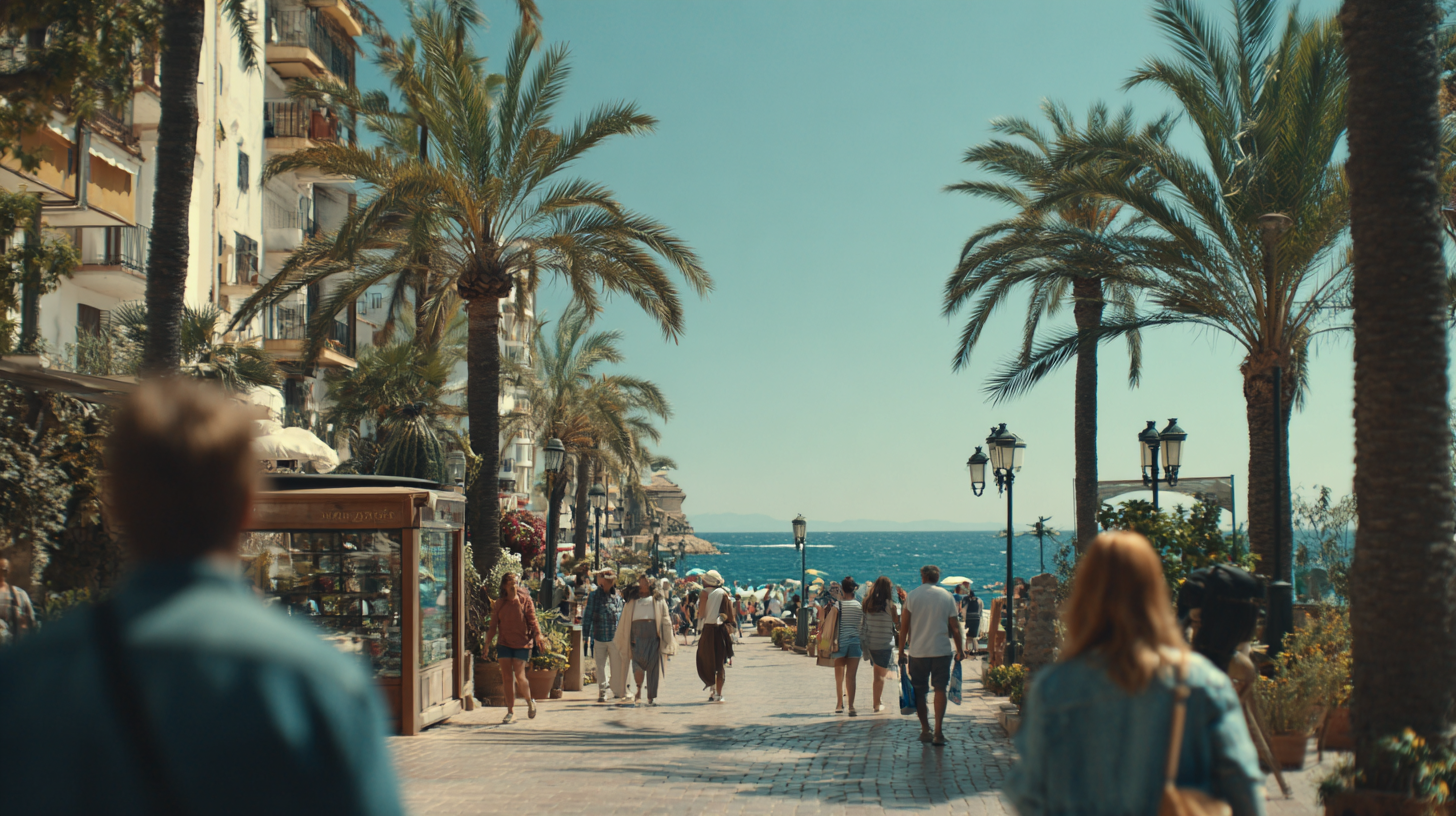 Urlaub in Spanien 2026: Promenade an der Küste Touristen spazieren auf einer Promenade an der Küste in Spanien bei sonnigem Wetter