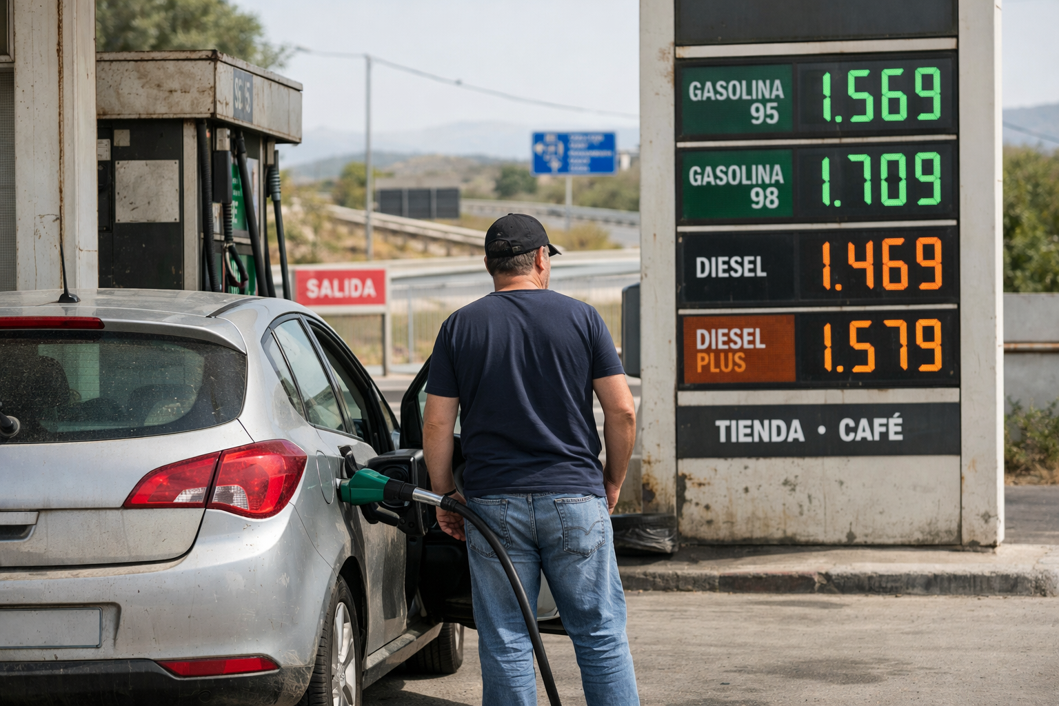 Auto tankt an Tankstelle in Spanien bei steigenden Spritpreisen