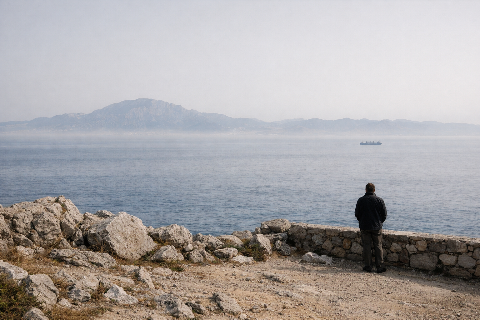 Blick über die Straße von Gibraltar mit Sicht auf Marokko und eine Person am Aussichtspunkt