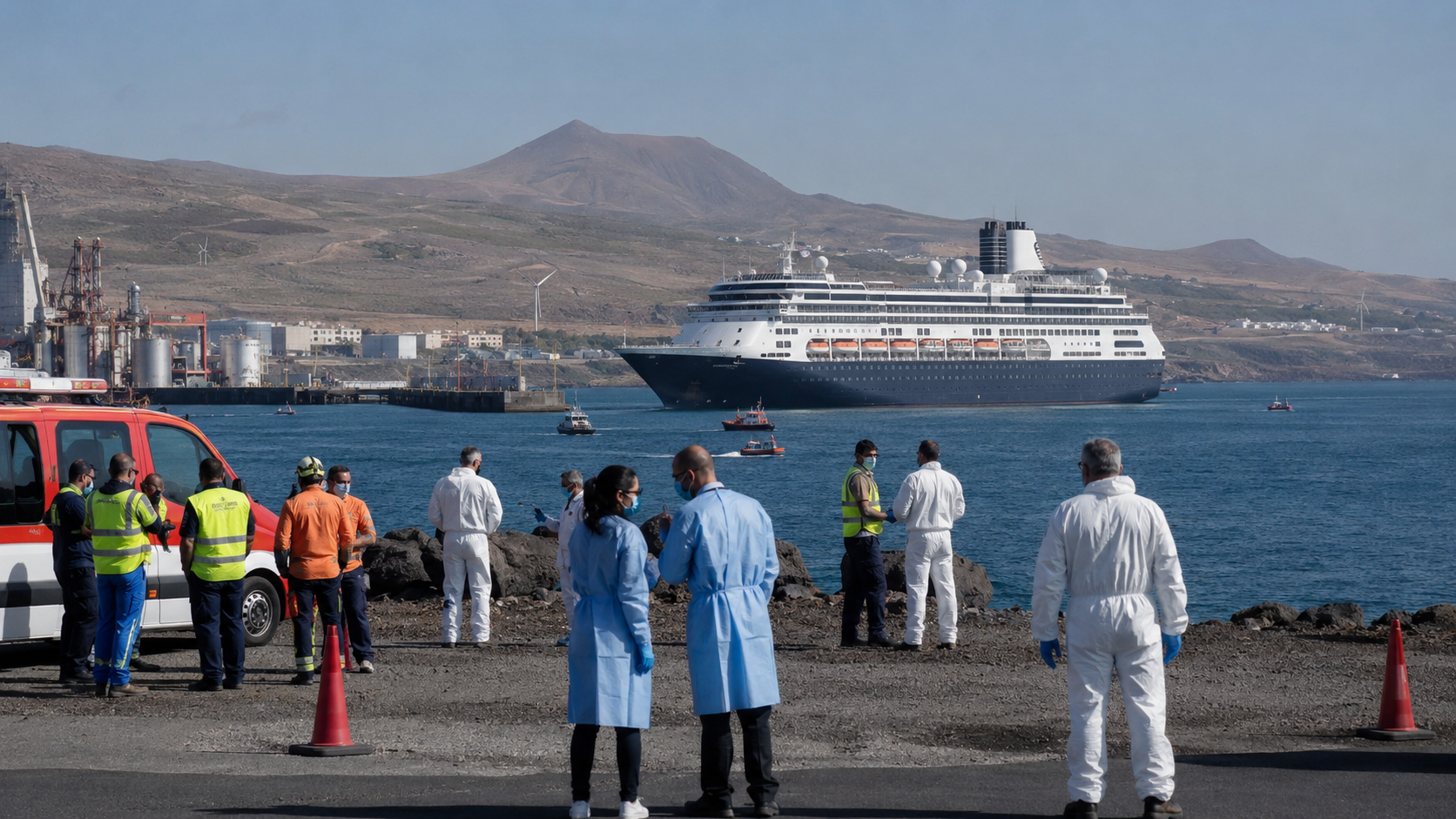 Kreuzfahrtschiff vor dem Hafen von Granadilla de Abona auf Teneriffa mit Einsatzkräften und medizinischem Personal
