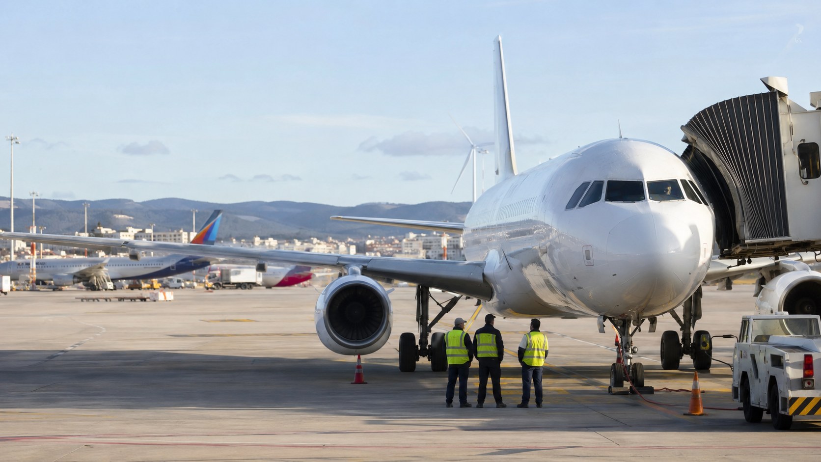 Passagierflugzeug auf dem Flughafen Palma de Mallorca mit Flughafenmitarbeitern auf dem Vorfeld