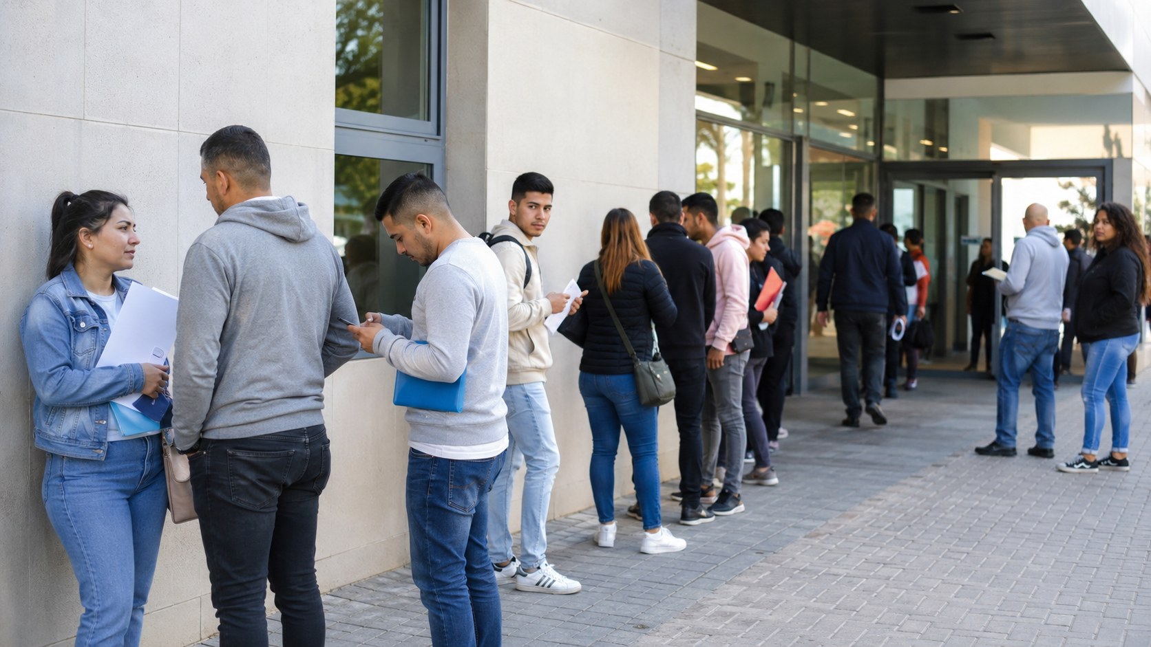 Anträge auf Aufenthaltserlaubnis in Spanien Menschen warten vor einer spanischen Behörde mit Dokumenten auf ihren Termin