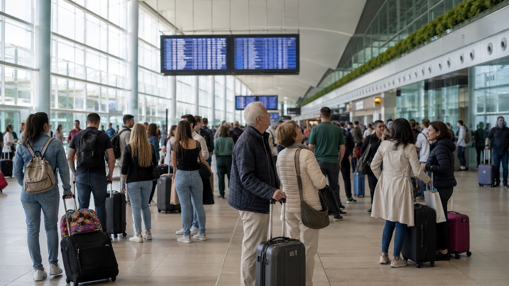 Internationale Reisende stehen mit Koffern in einem spanischen Flughafen
