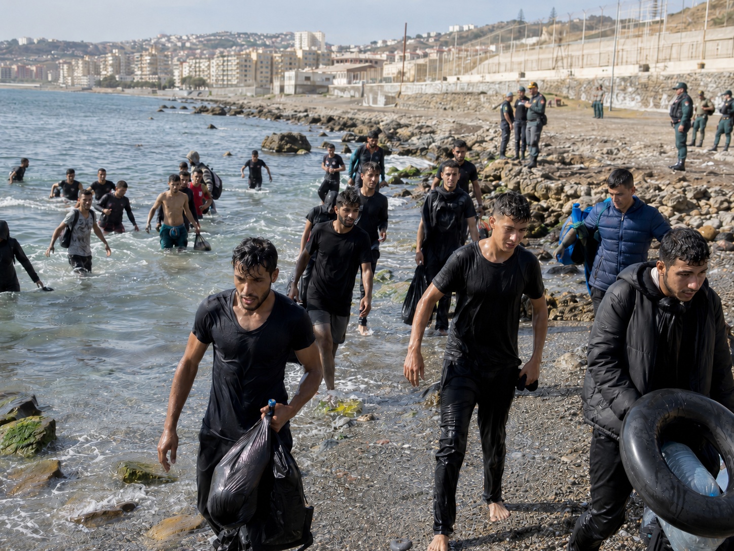 Migration in Ceuta Menschen erreichen die Küste von Ceuta an der Grenze zwischen Marokko und Spanien