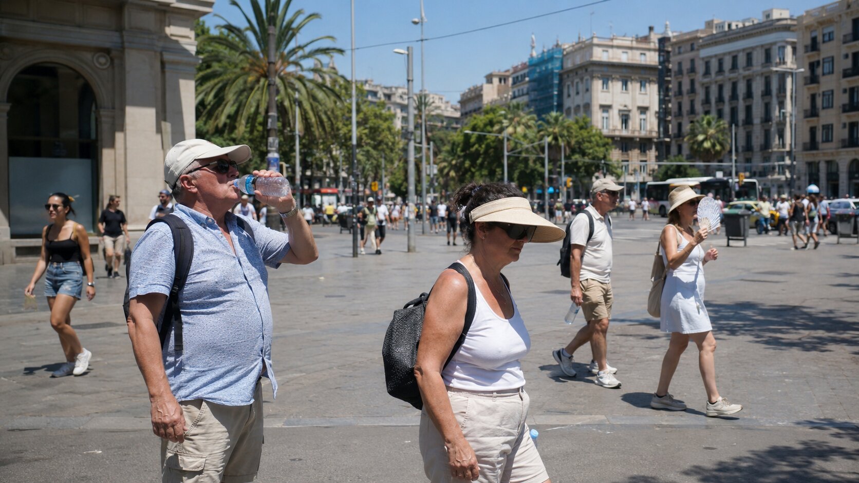 Menschen schützen sich bei großer Hitze in Barcelona mit Wasser und Sonnenhüten