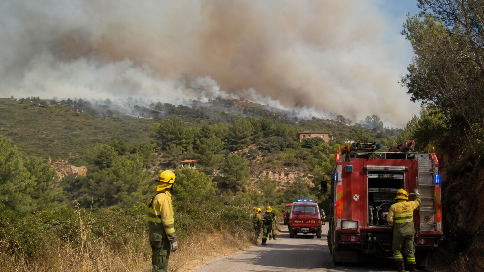 Feuerwehrleute bekämpfen einen Waldbrand im Hinterland der Costa Brava in Katalonien
